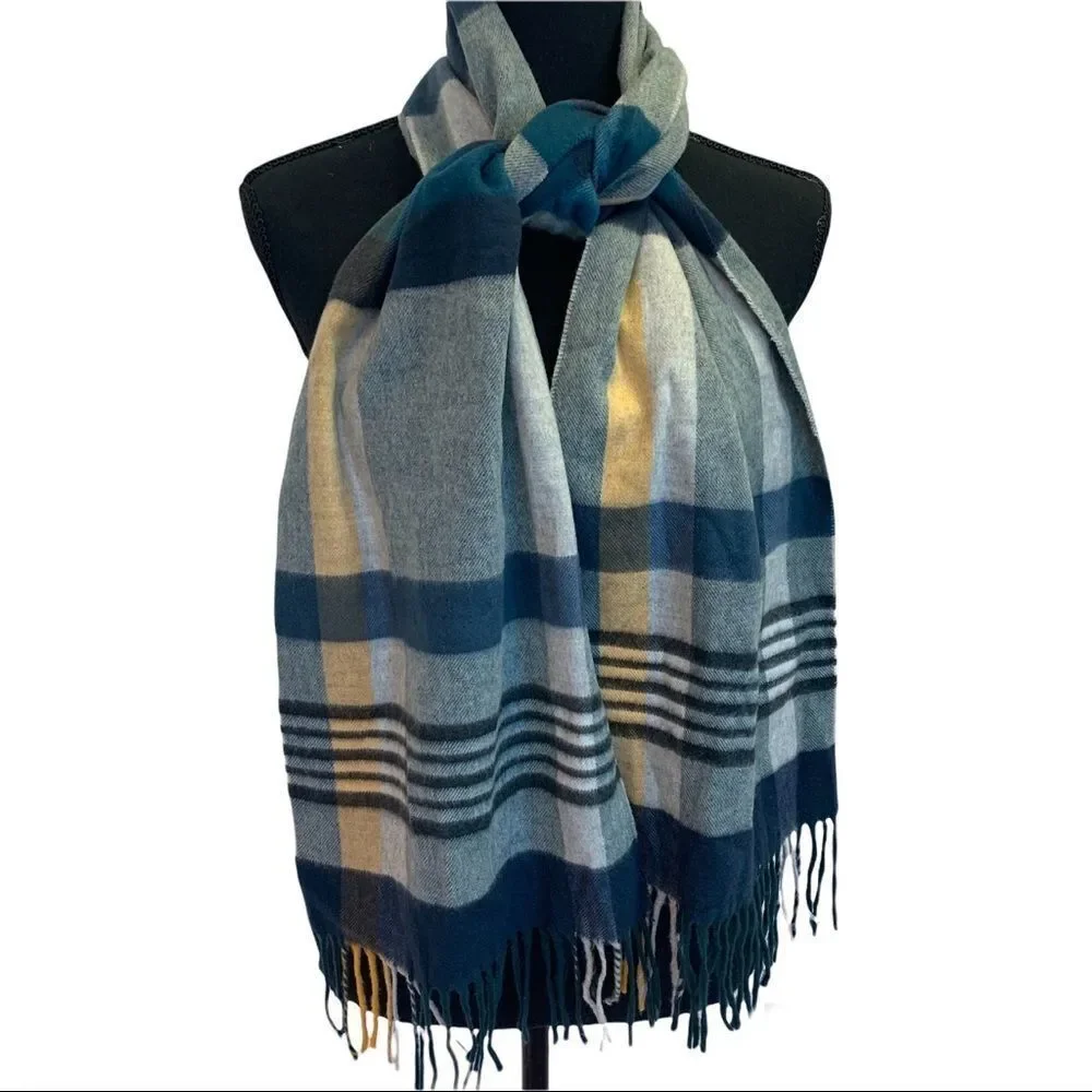 Etereo blue yellow plaid check warm fall winter soft scarf 💥